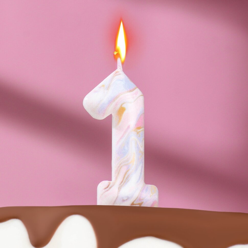 Свеча в торт на шпажке "Белый мрамор", цифра "1", 5,5 см.(Китай)