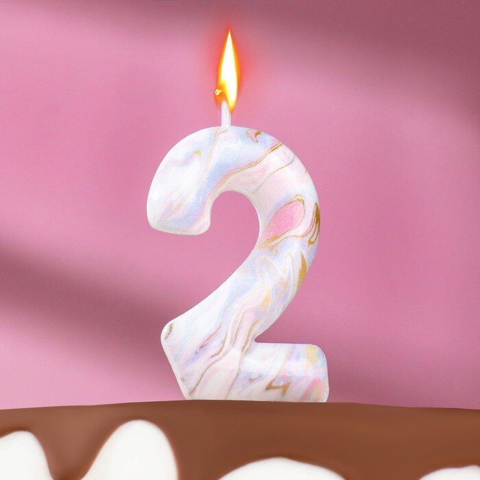 Свеча в торт на шпажке "Белый мрамор", цифра "2", 5,5 см.(Китай)