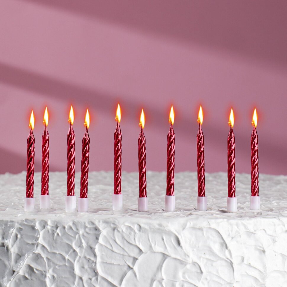 Свечи в торт "Спираль", 10 шт, средние, 7 см, красный металлик.(Китай)(9670)