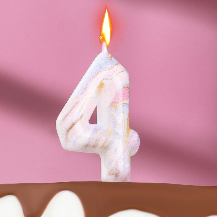 Свеча в торт на шпажке "Белый мрамор", цифра "4", 5,5 см.(Китай)
