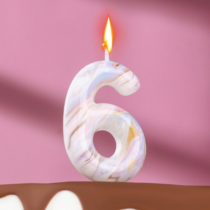 Свеча в торт на шпажке "Белый мрамор", цифра "6", 5,5 см.(Китай)