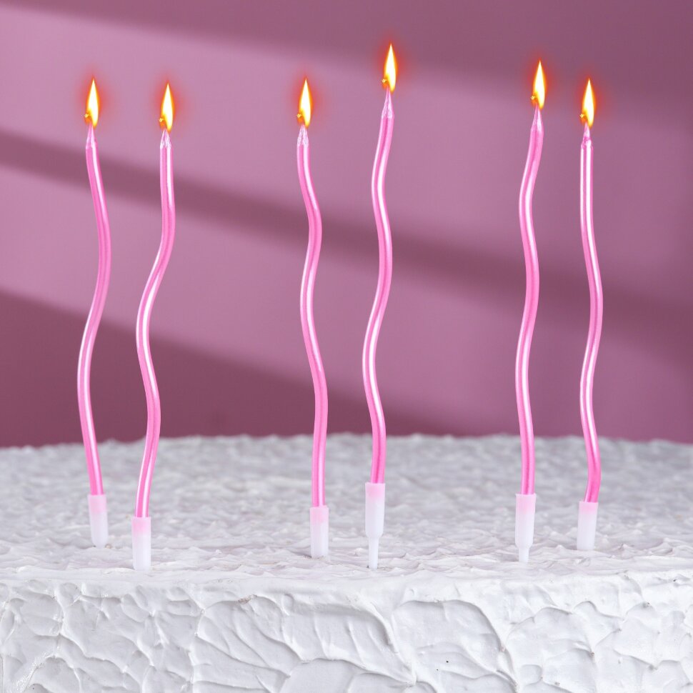 Свечи для торта витые "Серпантин" 6 шт, коктейльные, розовый блик.(Китай)(7550)