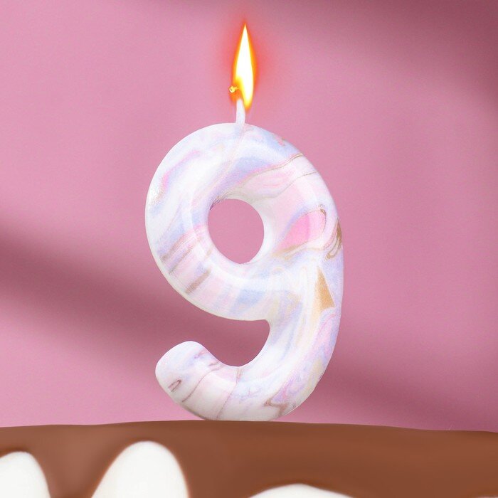 Свеча в торт на шпажке "Белый мрамор", цифра "9", 5,5 см.(Китай)