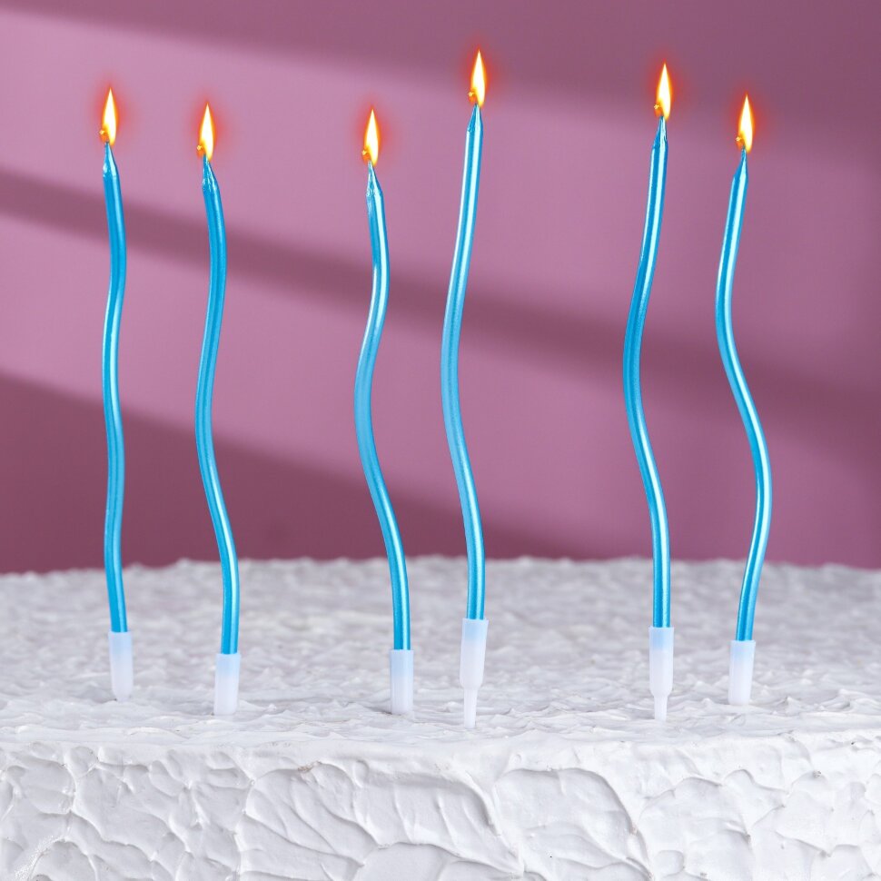 Свечи для торта витые "Серпантин" 6 шт, коктейльные, небесно-голубые.(Китай)(7552)