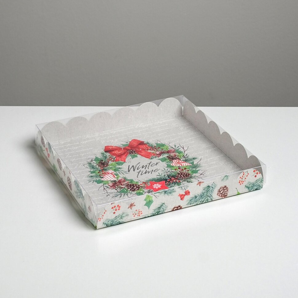 Коробка для сладостей с PVC крышкой Winter time, 21 × 21 × 3 см.(Китай)(6207)