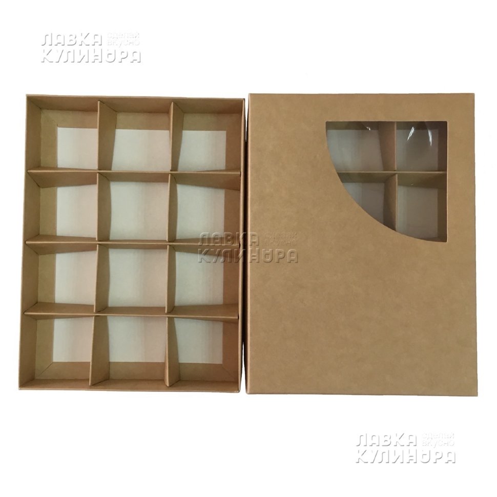Коробка для конфет 12 шт., 195х145х30 мм., окно ПВХ 80х80 мм. (Россия)