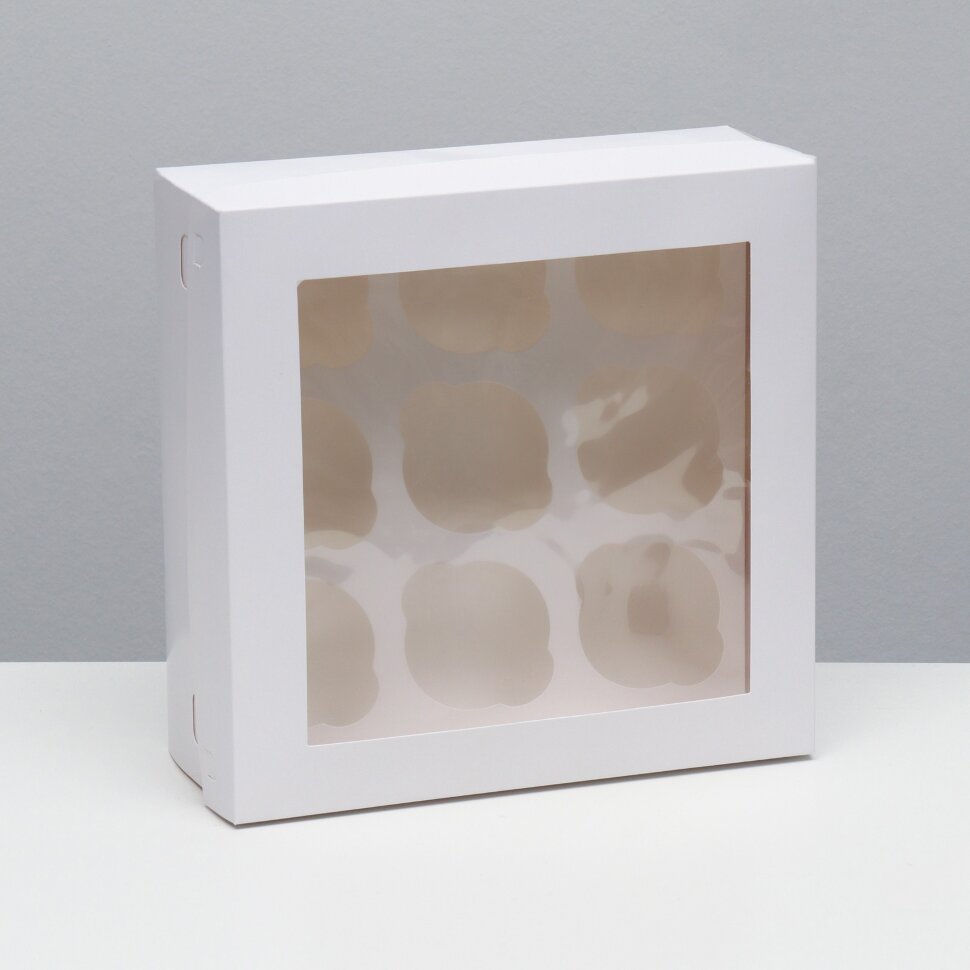 Коробка для 9 капкейков 25х25х10 см с окном, белый. (Китай)
