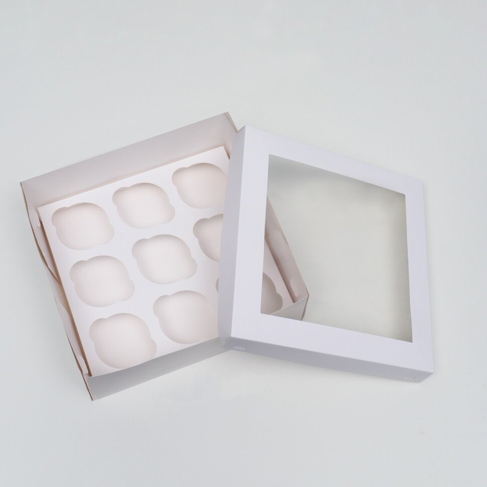 Коробка для 9 капкейков 25х25х10 см с окном, белый. (Китай)