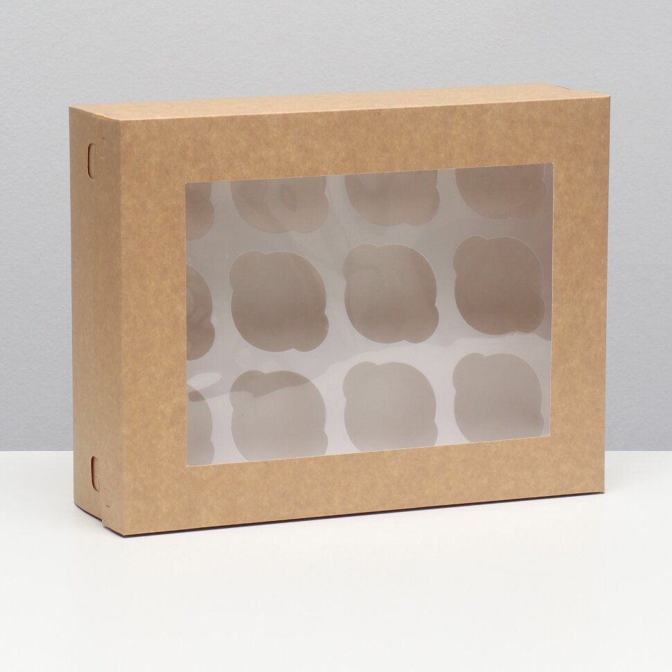 Коробка для 12 капкейков 32,5 х 25,5 х 10 см  с окном, крафт. (Китай)