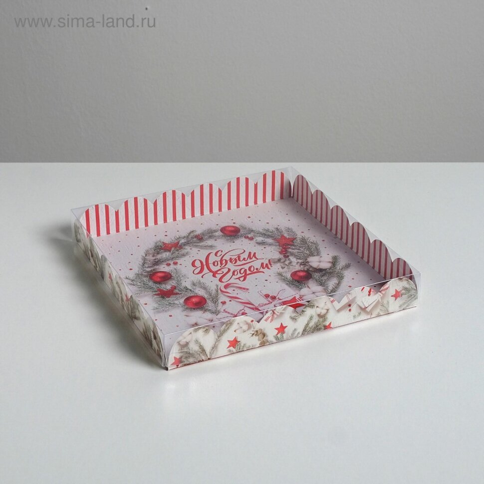Коробка для сладостей с PVC крышкой «С Новым годом!», 21 × 21 × 3 см.(Китай)(8740)