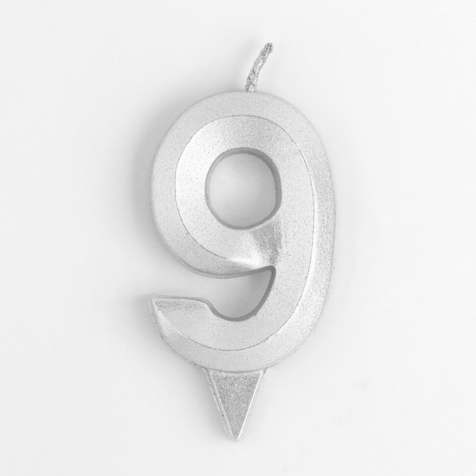 Свеча в торт "Грань", цифра "9", серебряный металлик, 6,5 см.(Россия)