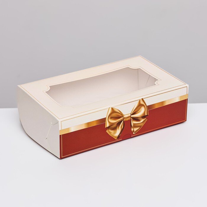 Коробка складная с окном под зефир "Золотой бант", 25 х 15 х 7 см.(Китай)(4116)