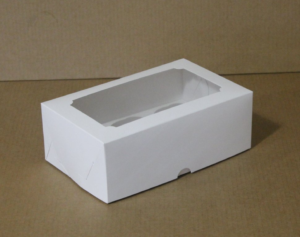 Коробка на 6 капкейков, 250x170x100мм, с окном, белый. (Россия)