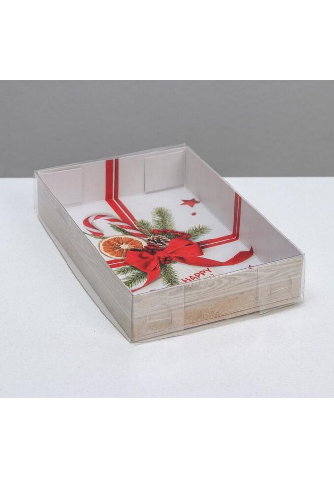 Коробка для сладостей с PVC крышкой «Новогодний бант», 17 × 12 × 3 см.(Китай)(9831)