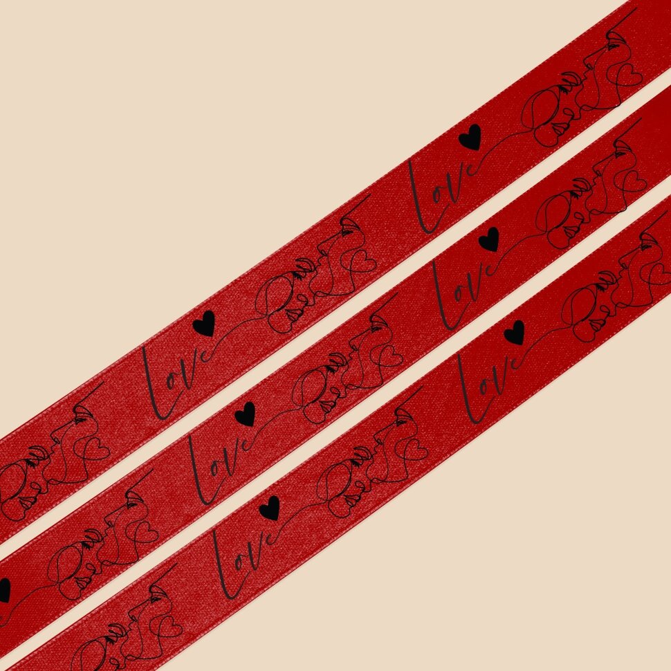 Лента атласная Love, красная, 2 см ×22 м. 1метр.(Китай)(0357)