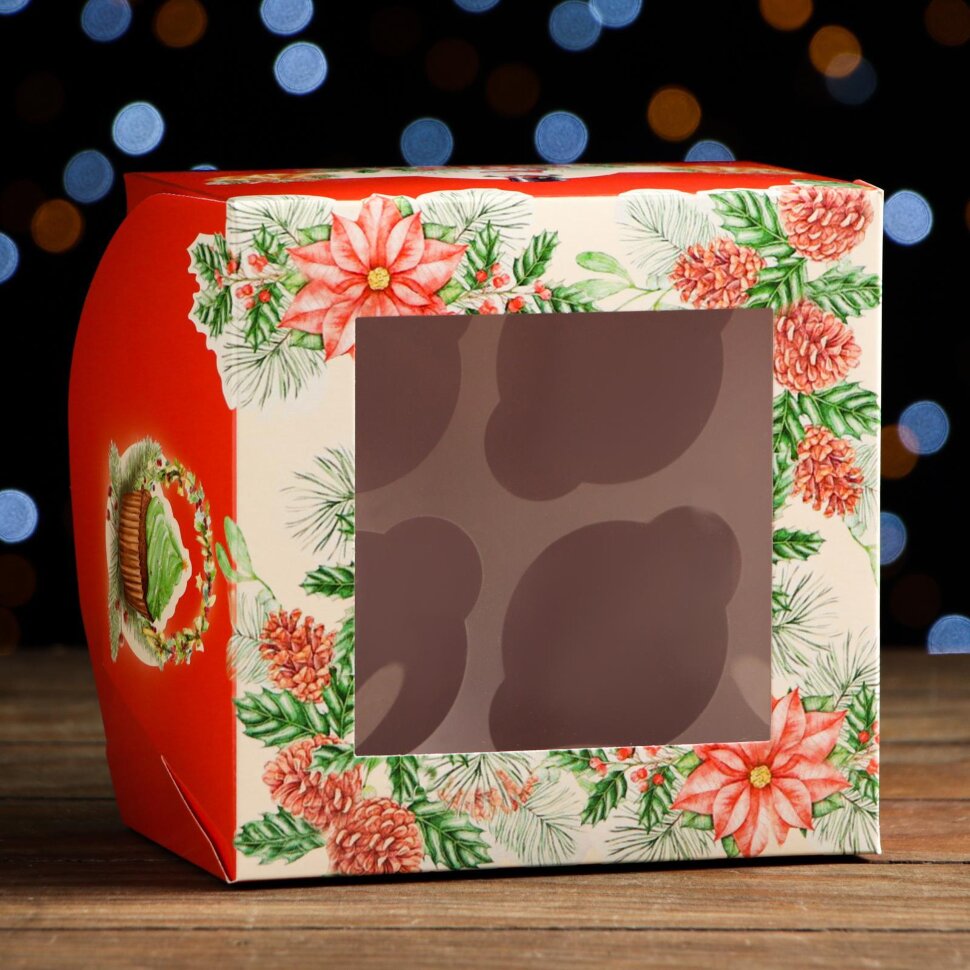 Упаковка на 4 капкейков с окном "Рождество", 16 х 16 х 10 см.(Россия)(8158)