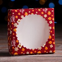 Подарочная коробка с окном "Мандарины и подарки", 11,5 х 11,5 х 3 см(Россия)(8231)