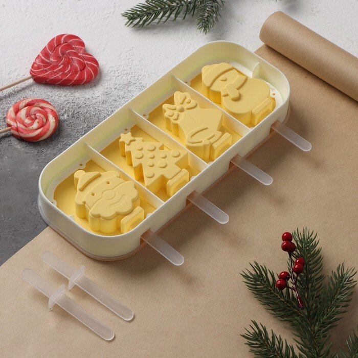 Форма силиконовая для мороженого с крышкой «Новый год», с палочками.(Китай)(2849)