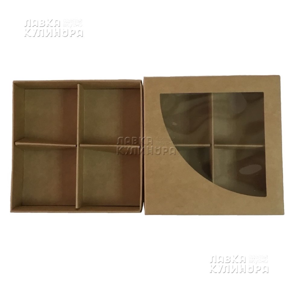 Коробка для конфет 4 шт., 100х100х30 мм, окно ПВХ 80х80 мм. (Россия)