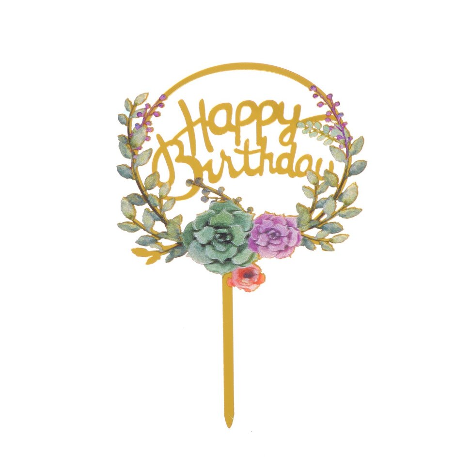 Топпер «С днём рождения», цветы, пластик.(Китай)(0909)
