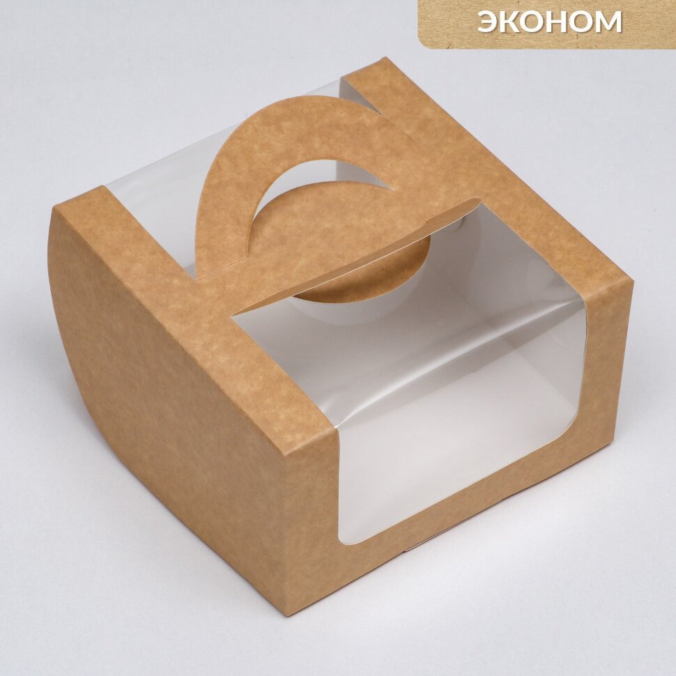 Коробка под бенто-торт с окном, крафт, 14 х 14 х 8 см.(Россия)(4588)