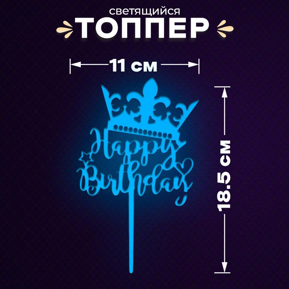Топпер «С днём рождения», светится в темноте, цвет синий, пластик.(Китай)(3526)