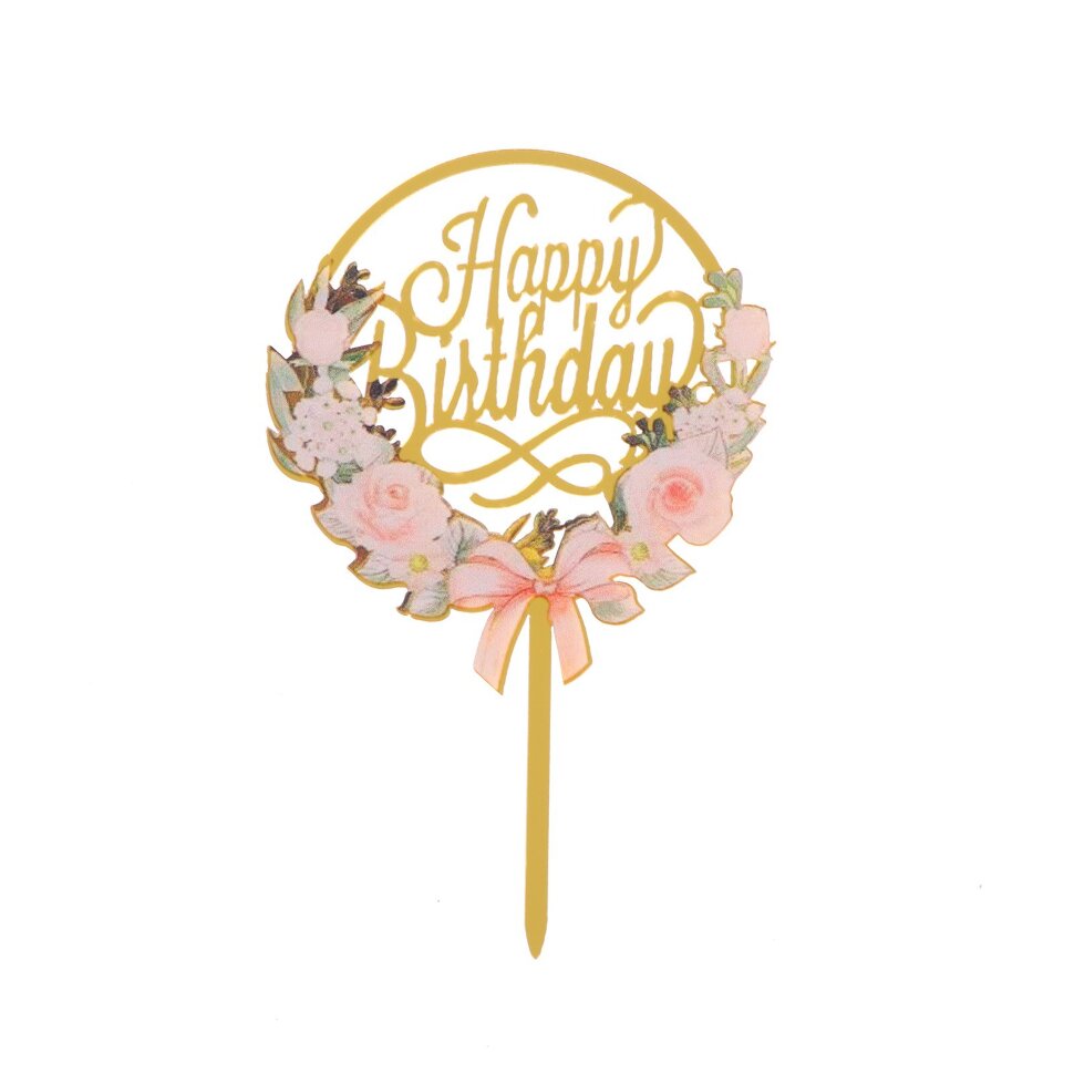 Топпер «С днём рождения», цветы и бант, пластик.(Китай)(0918)
