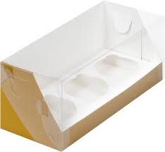 Коробка под 3 капкейка с пластиковой крышкой, 24*10*10 см, крафт. (Россия)