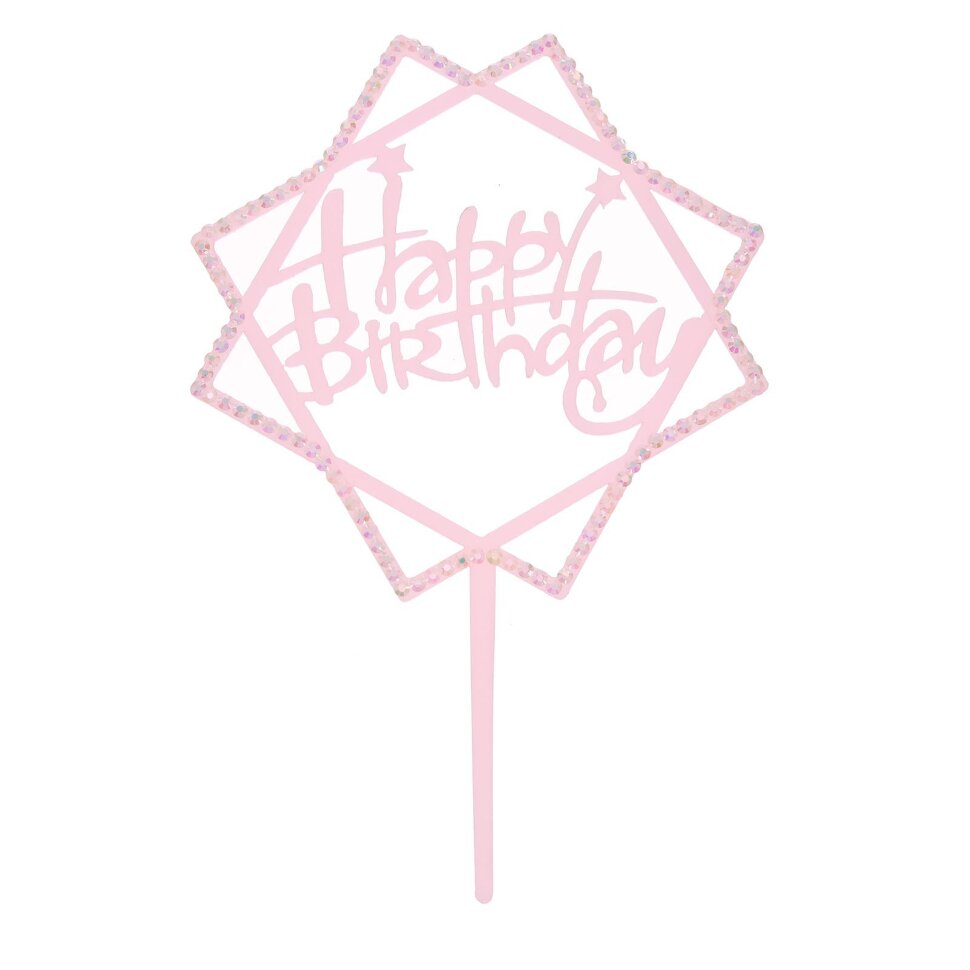 Топпер «С днём рождения», со стразами, цвет розовый,пластик.(Китай)(4511)