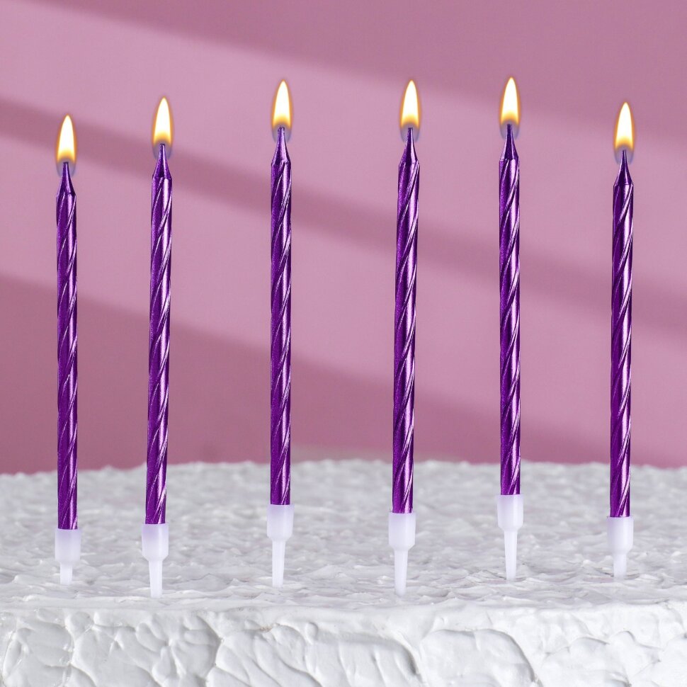 Свечи в торт витые с подставкой, 6 шт, 14 см, фиолетовый.(Китай)(7565)