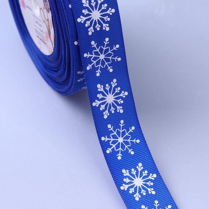 Лента репсовая "Снежинки", 25ммх22м., цвет синий. 1 метр. (Китай)