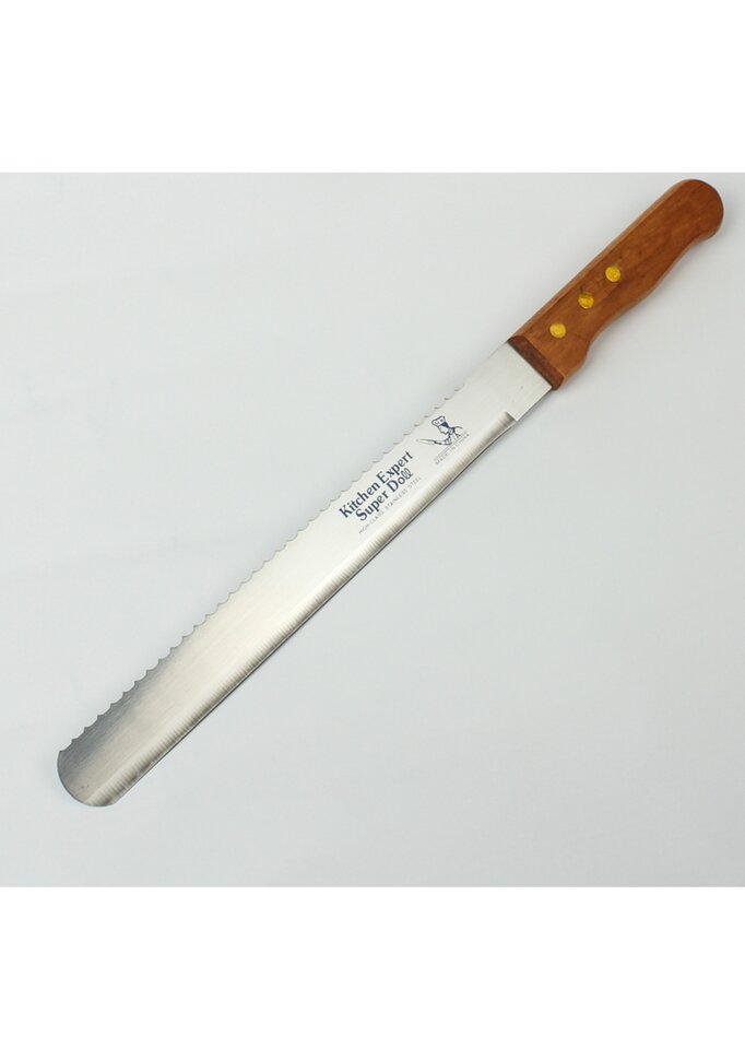 Нож для бисквита двусторонний с крупными зубцами и ровным краем, ручка дерево, лезвие 25 см. (Китай)(5714)