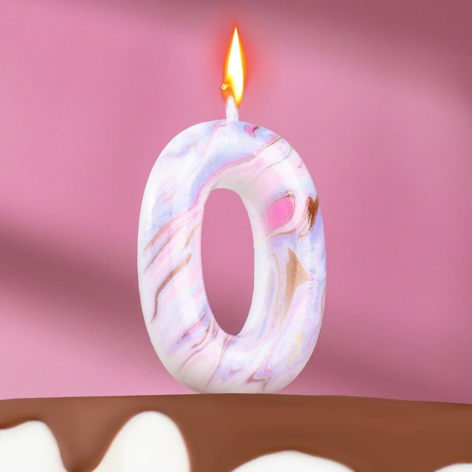 Свеча в торт на шпажке "Белый мрамор", цифра "0", 5,5 см.(Китай)