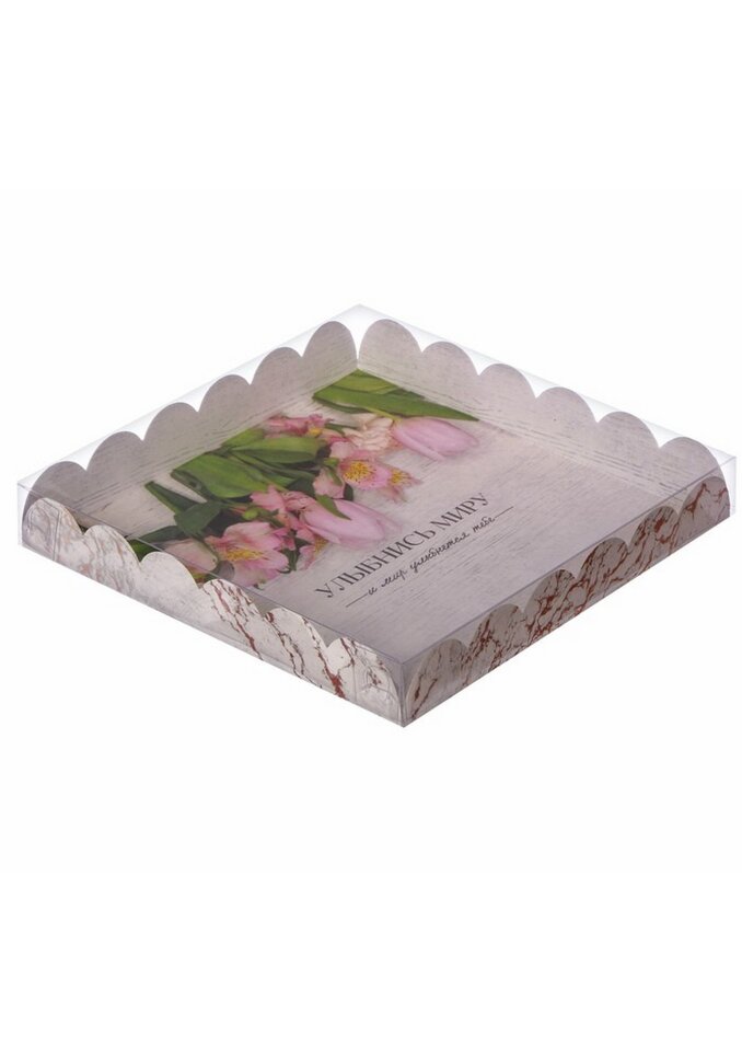 Коробка для кондитерских изделий с PVC-крышкой «Улыбнись миру», 21 × 21 × 3 см.(Китай)(3371)