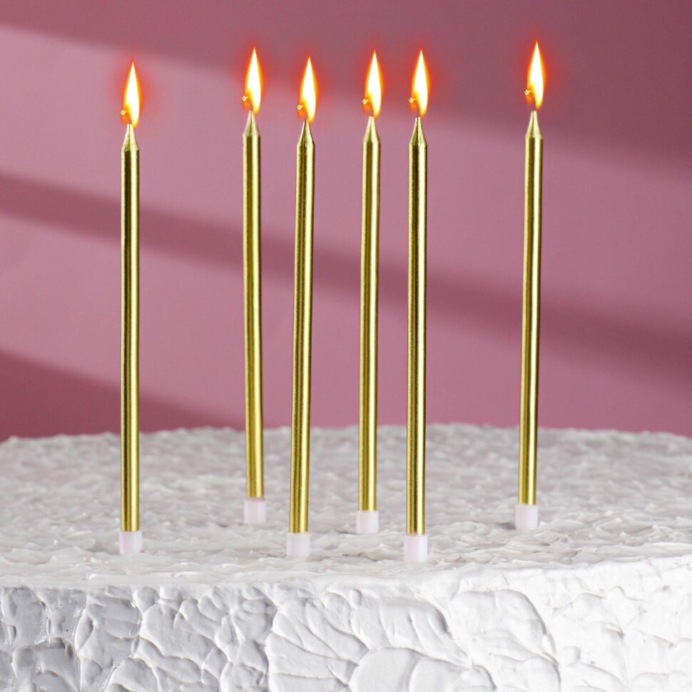 Свечи в торт "Ройс", 6 шт, высокие, 13 см, золотой металлик.(Китай)(0820)