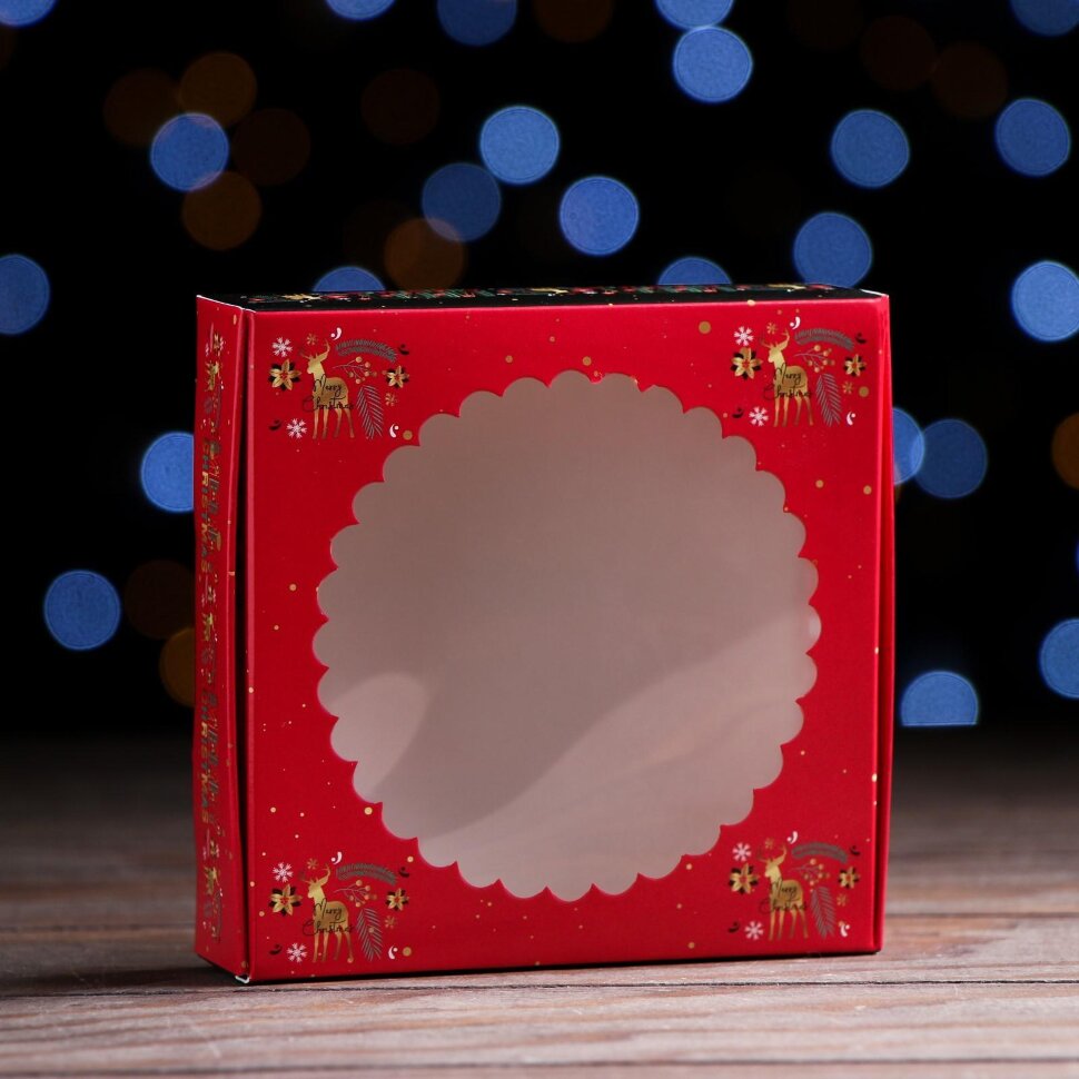 Подарочная коробка с окном "С Новым Годом", 11,5 х 11,5 х 3 см.(Россия)