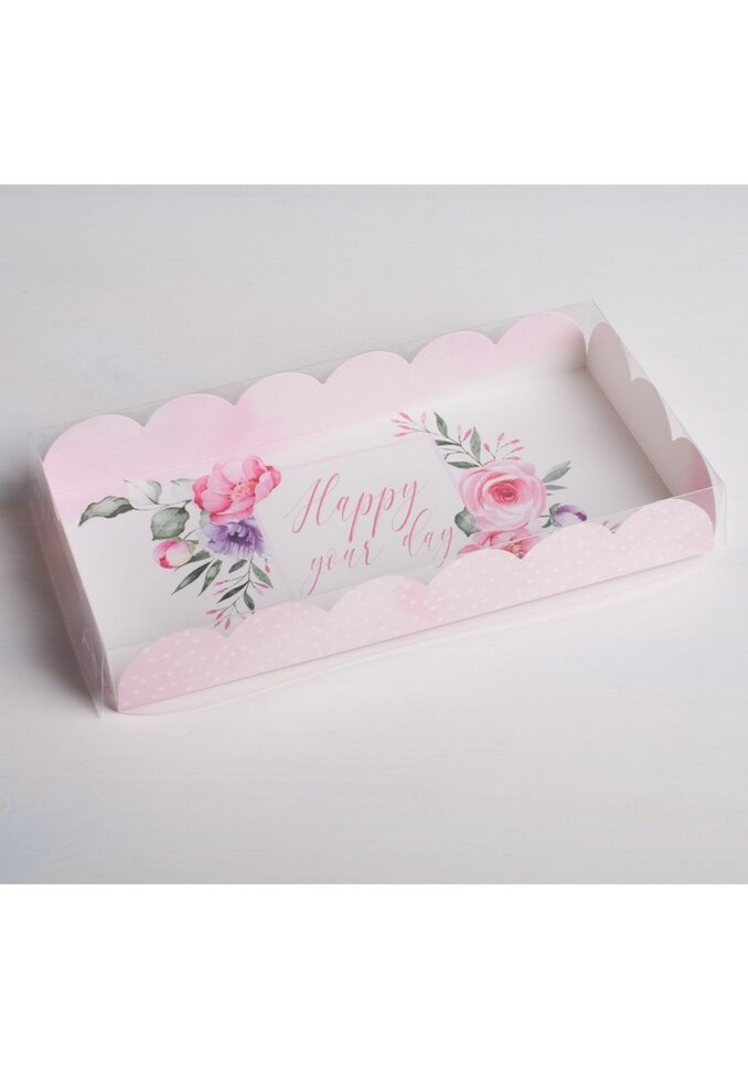 Коробка для кондитерских изделий с PVC-крышкой «Happy your day», 21 × 10,5 × 3 см.(Китай)(1909)