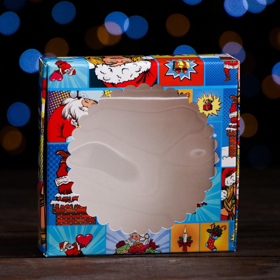 Подарочная коробка с окном "Новогодний сюрприз", 11,5 х 11,5 х 3 см.(Россия)