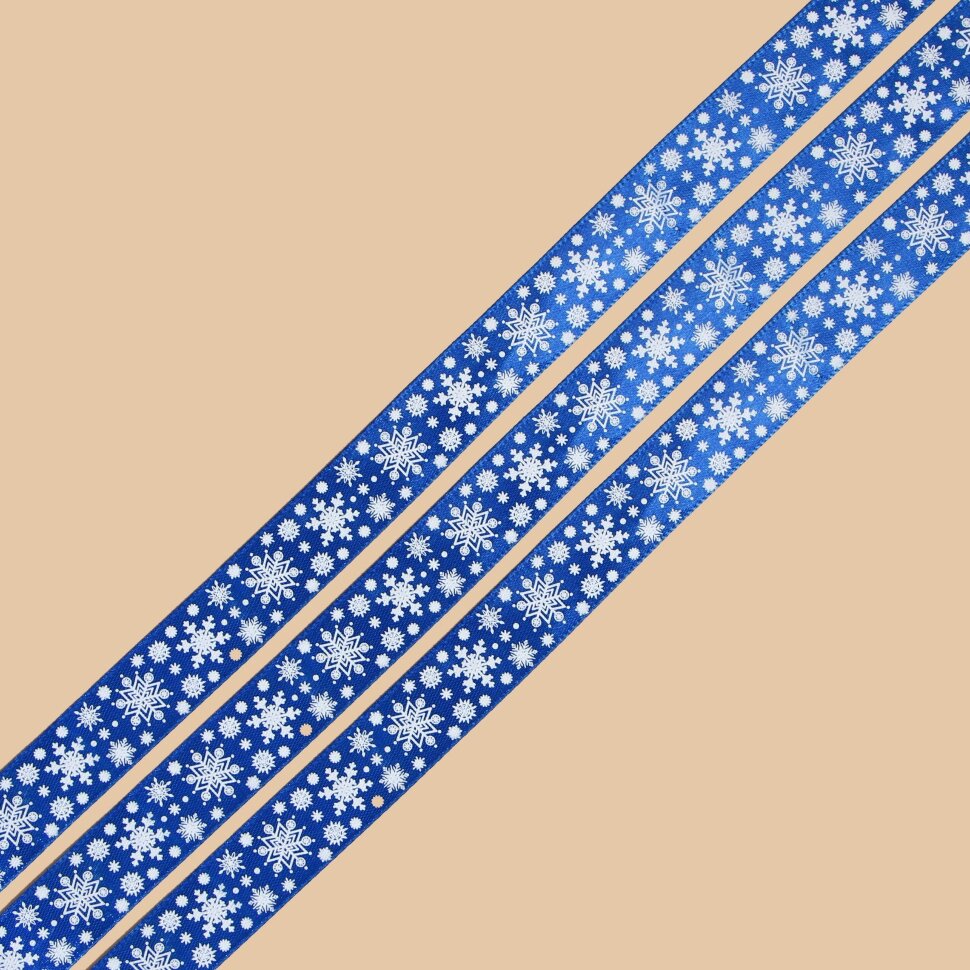 Лента атласная «Снежинки», синяя, 2 см × 22 м. 1 метр.(Китай)(1893)