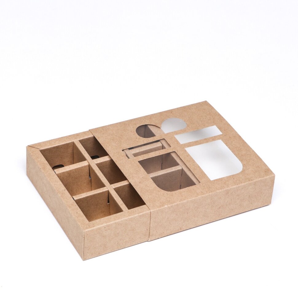 Коробка под 9 конфет вырубка «Подарок» 13,7 х 13,7 х 3,8 см, крафт.(Россия)(2040)