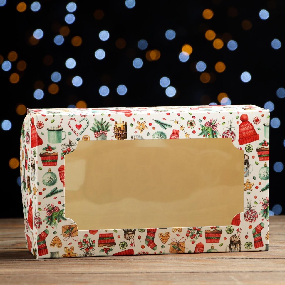 Коробка складная с окном под зефир "Новогоднее настроение", 25 х 15 х 7 см.(Россия)(5615)