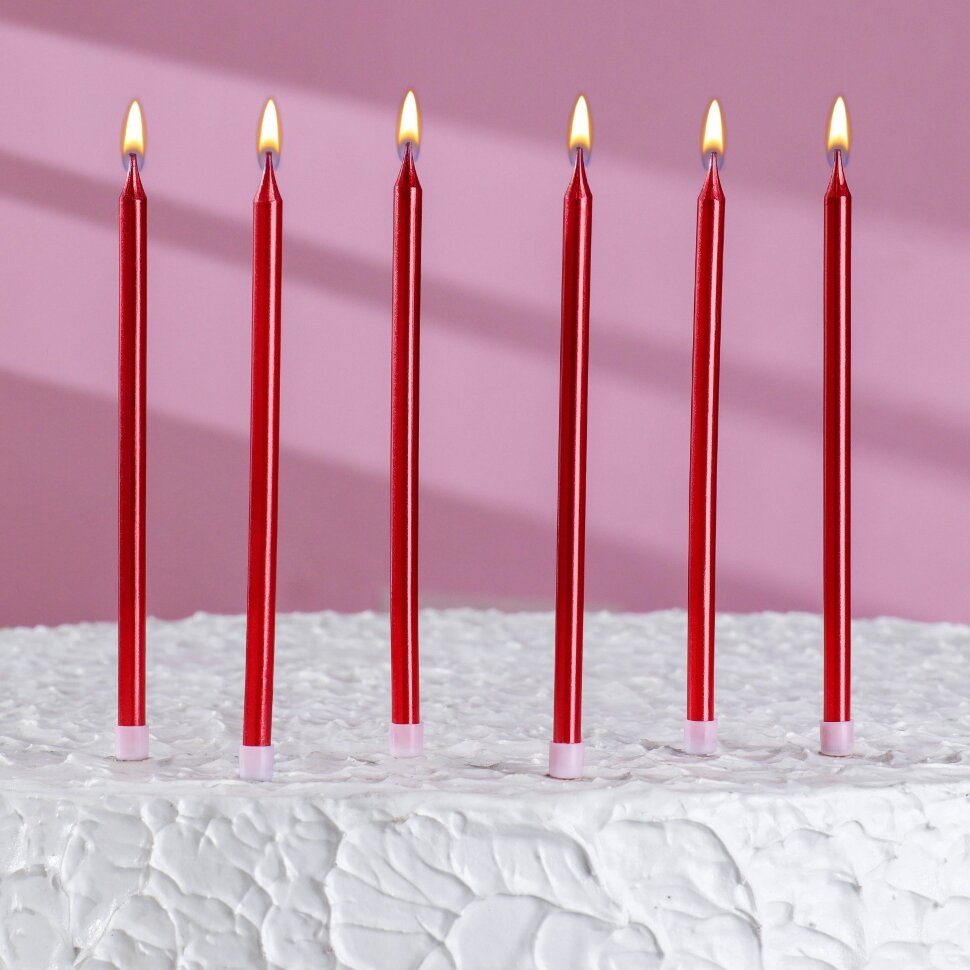 Свечи в торт "Ройс", 6 шт, 13 см, рубиновый металлик.(Китай)(7556)