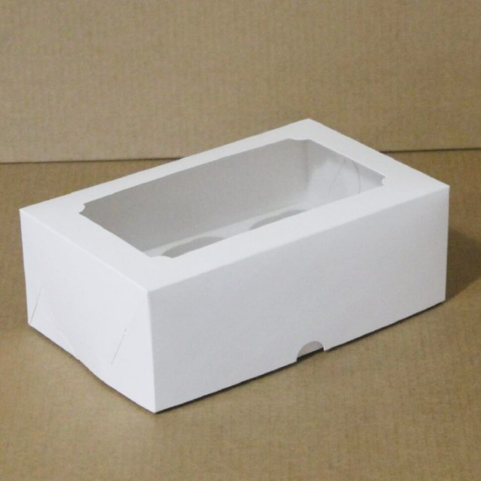 Коробка на 2 капкейка,160x100x100мм, с окном, белый. (Россия)
