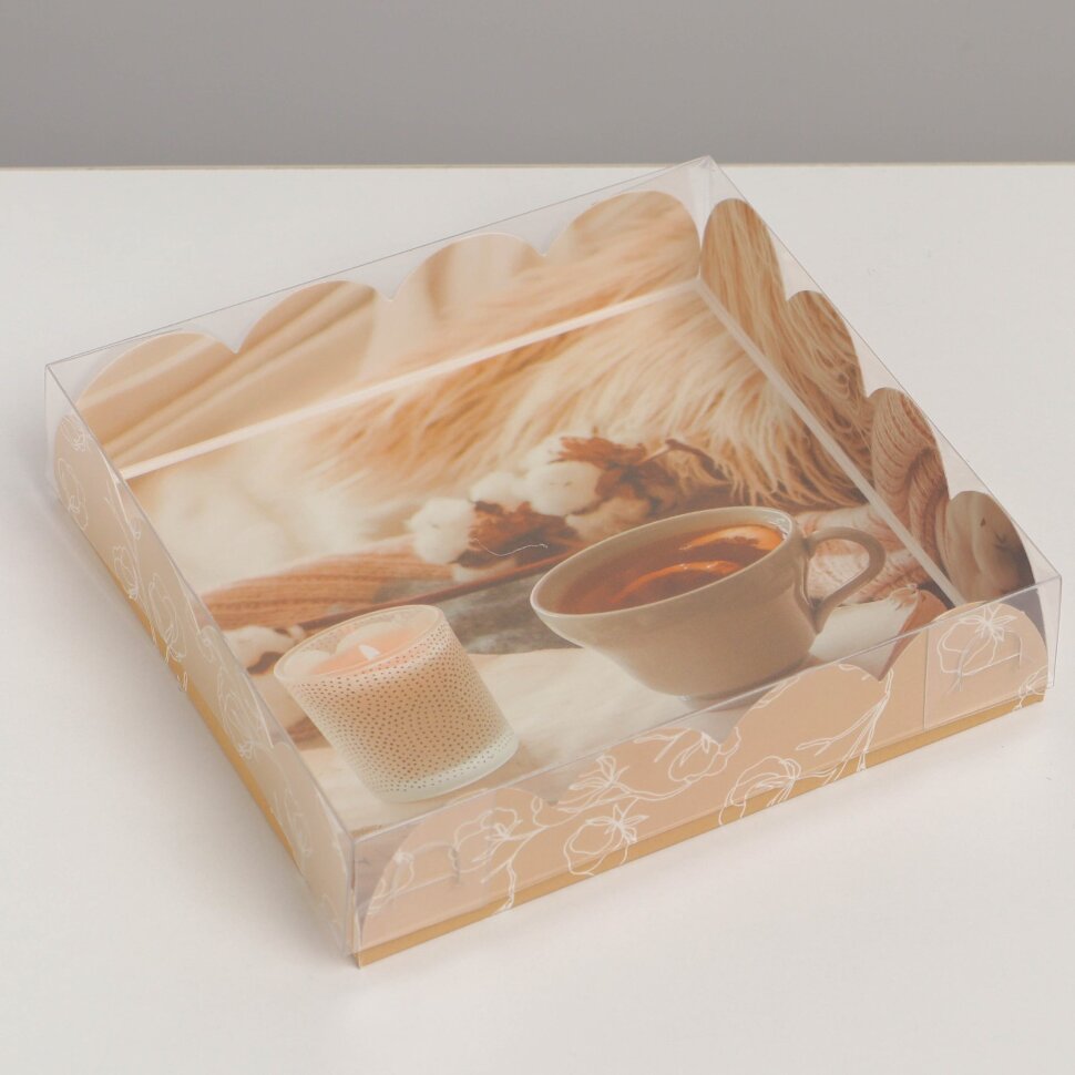 Коробка для кондитерских изделий с PVC крышкой «Теплый вечер», 13 × 13 × 3 см.(Китай)(5167)