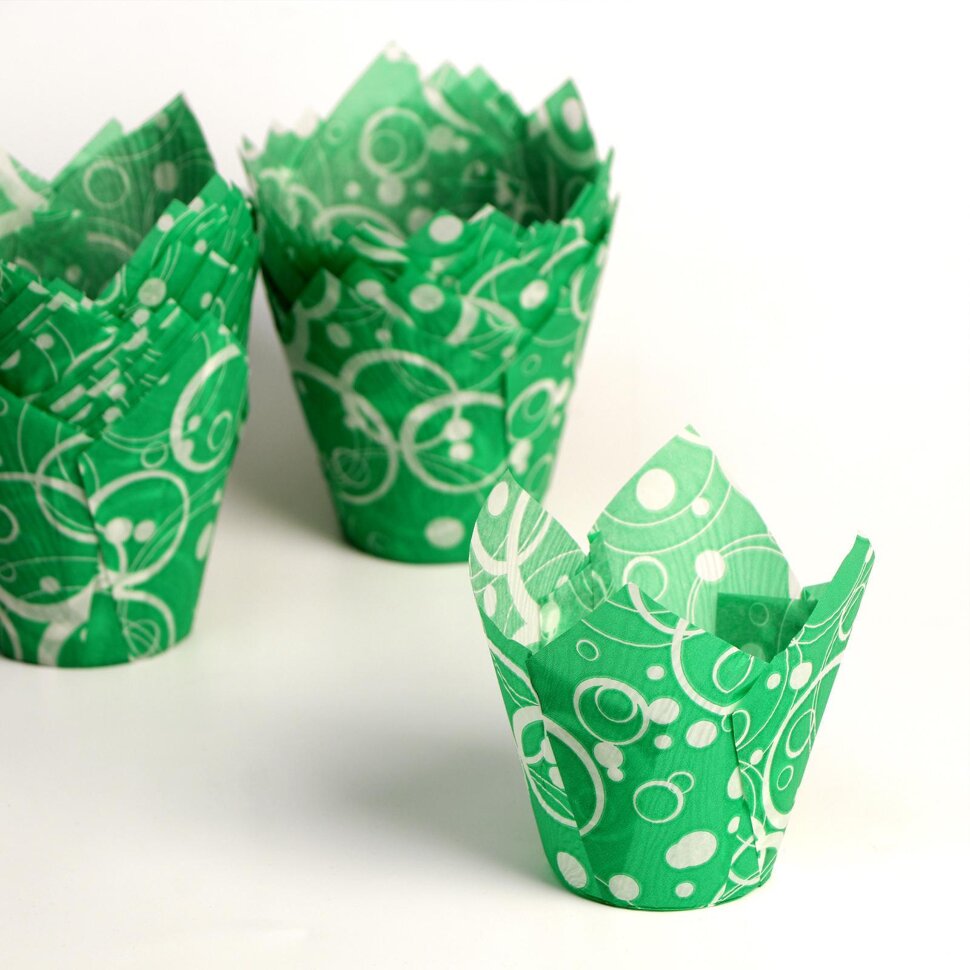 Форма бумажная для выпечки "Тюльпан" зеленый с белыми кольцами, 5 х 8 см. 1 шт.(Россия)