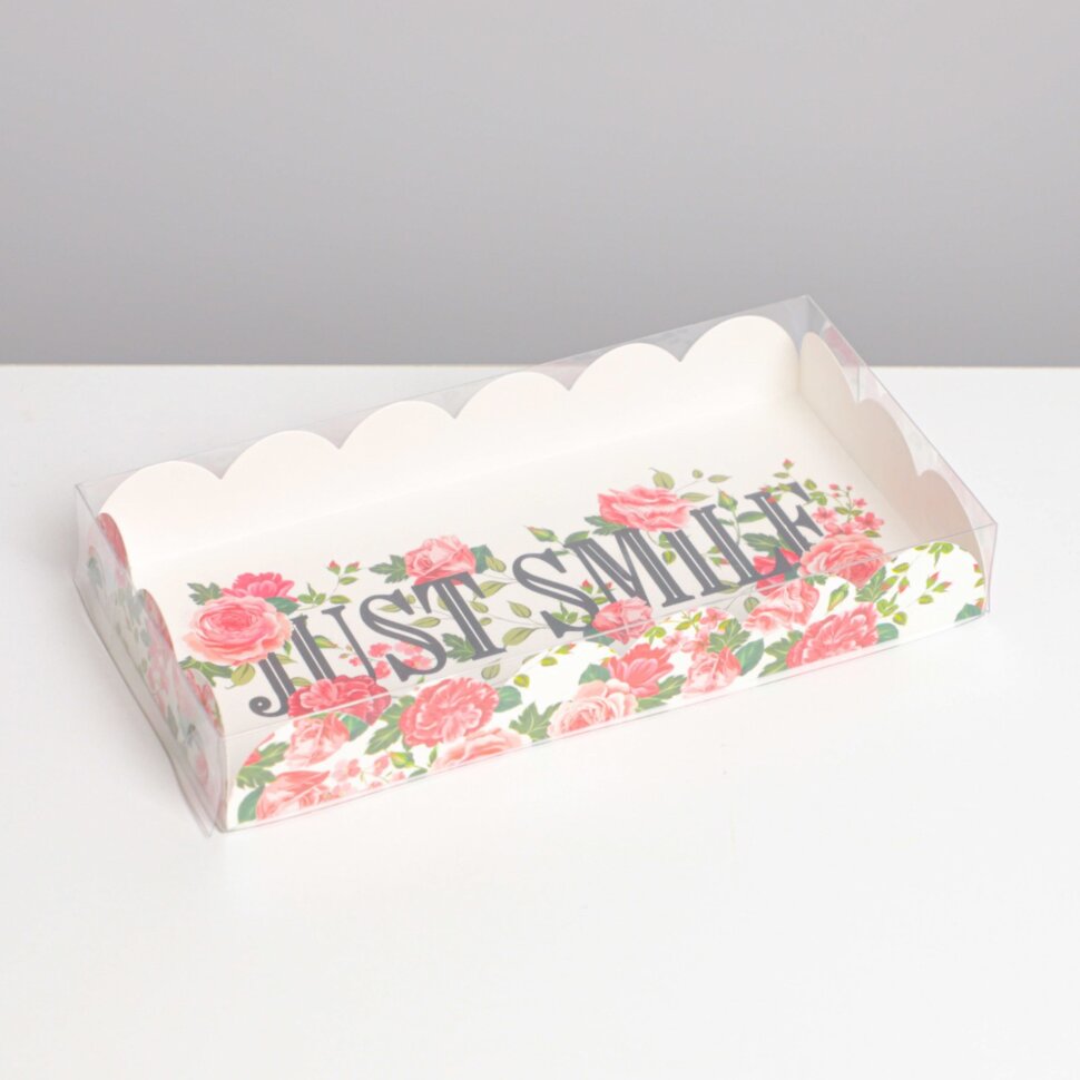 Коробка для кондитерских изделий голография с PVC крышкой «Just smile», 10.5 × 21 × 3 см.(Китай)(5224)
