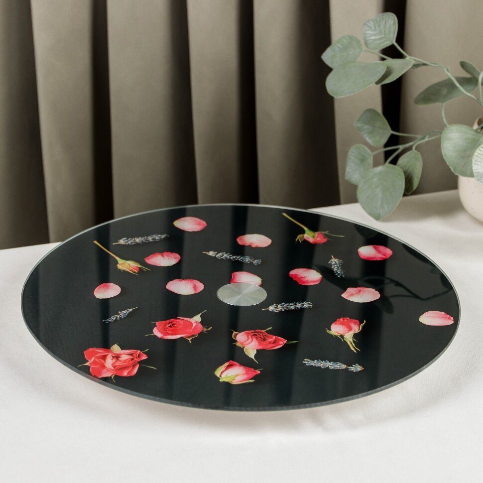 Подставка для торта вращающаяся Magistro «Розы на черном», d=32 см,стекло.(Китай)(8541)