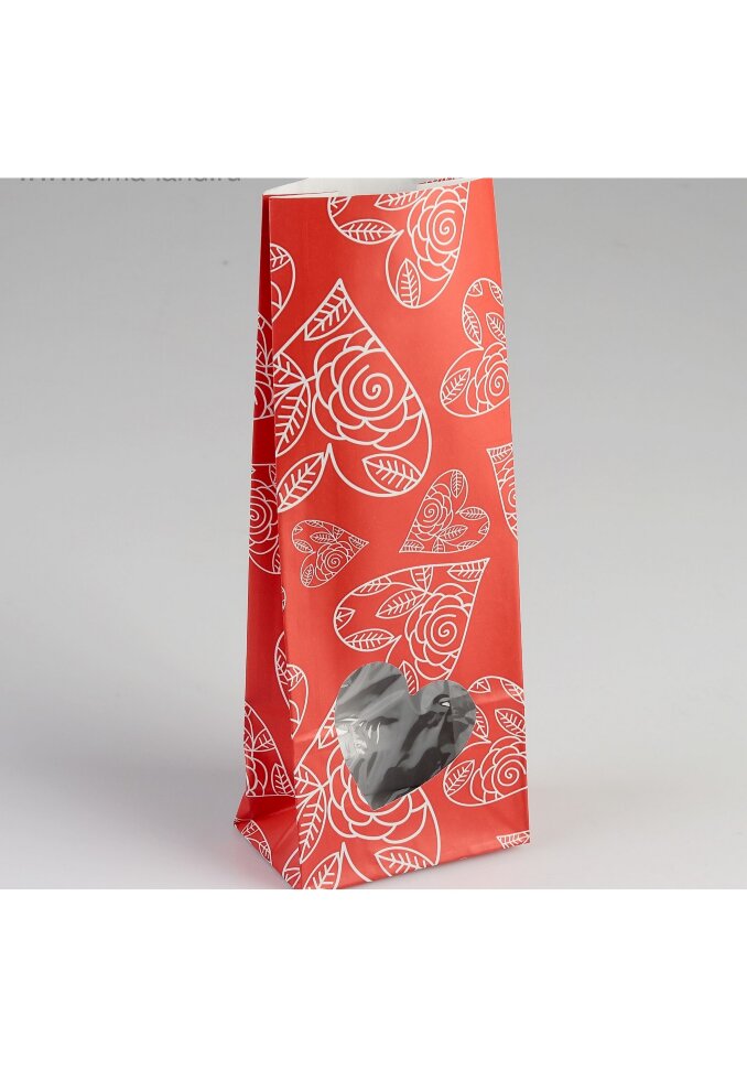 Пакет бумажный фасовочный "Сердца", матовый, красный, 10 х 6 х 26 см.(Россия)