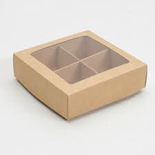 Коробка для 4 конфет с вклеенным окном, 12*12*3 см, крафт.(Россия)