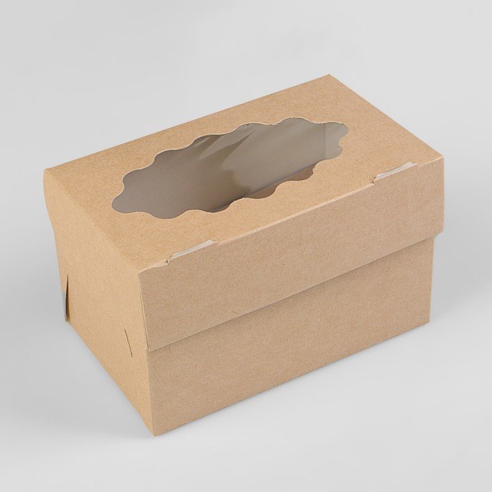 Коробка-моноблок на 2 капкейка с окном, крафт, 16х10х10 см. (Россия)